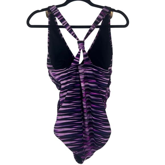 Catalina One Piece Swimsuit  L (12-14) Purple Stripe X Back Plunge Removable Cup - Picture 2 of 7